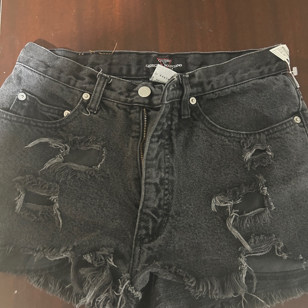 Guess Black Frayed Jean Shorts Relaxed Fit